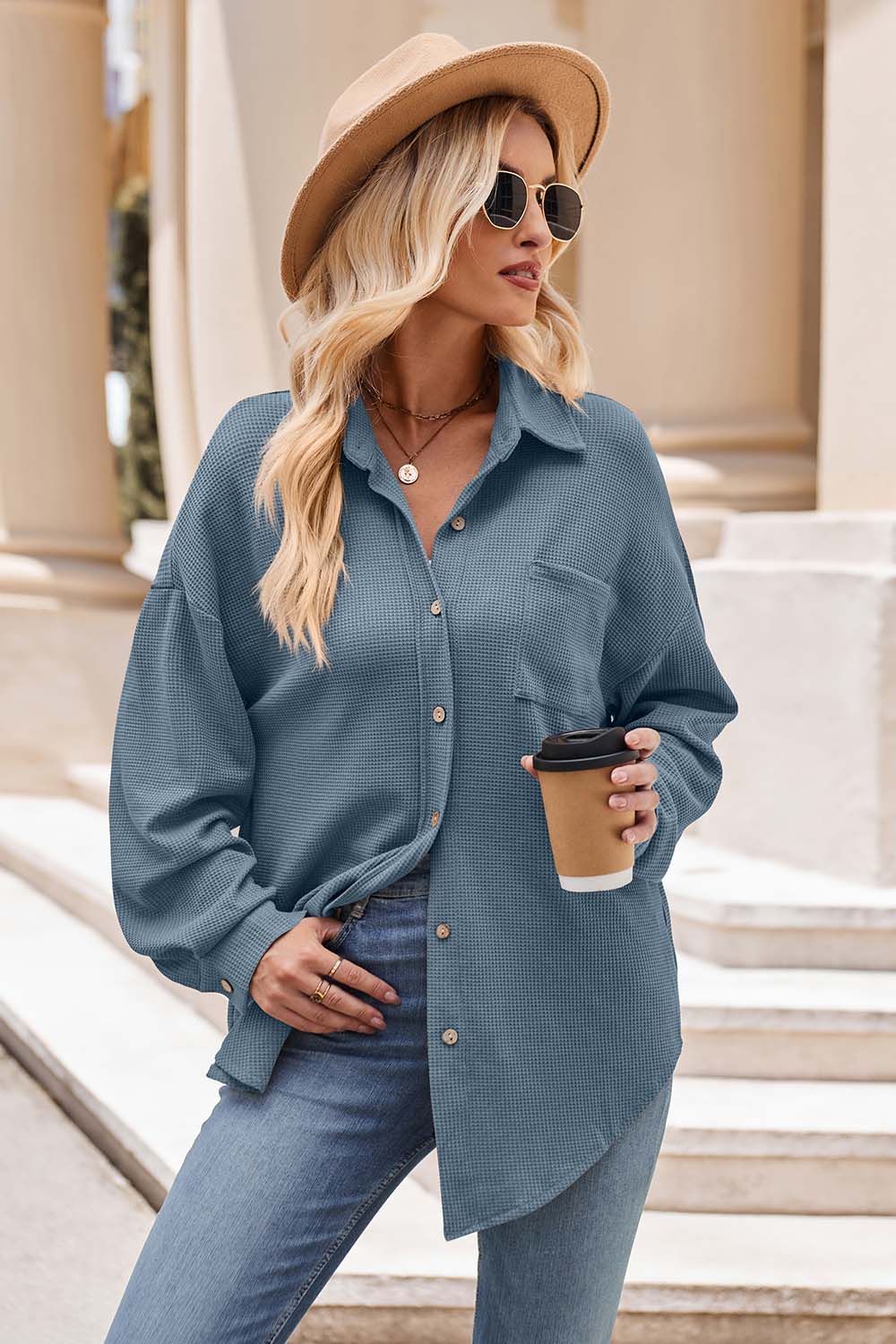 Collared Neck Dropped Shoulder Shirt Light Blue