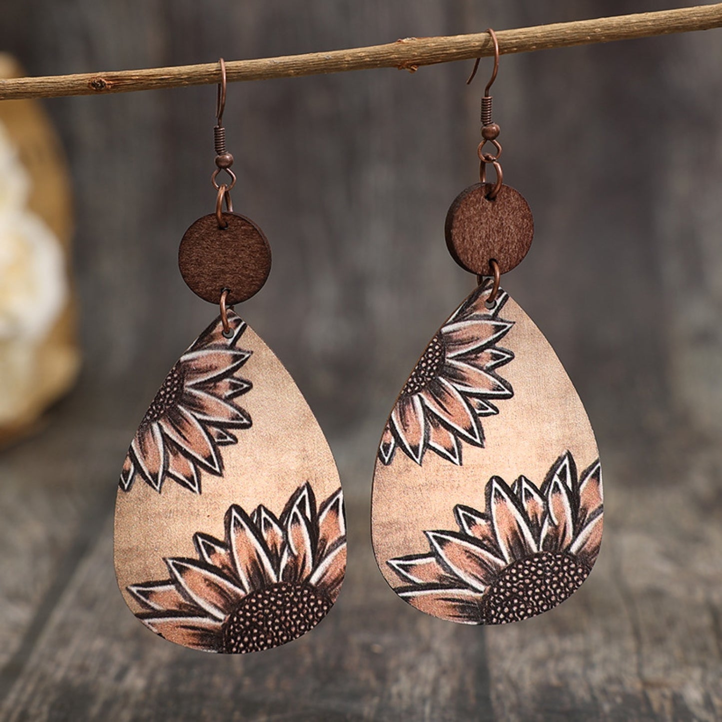 Wooden Iron Hook Dangle Earrings - Thandynie