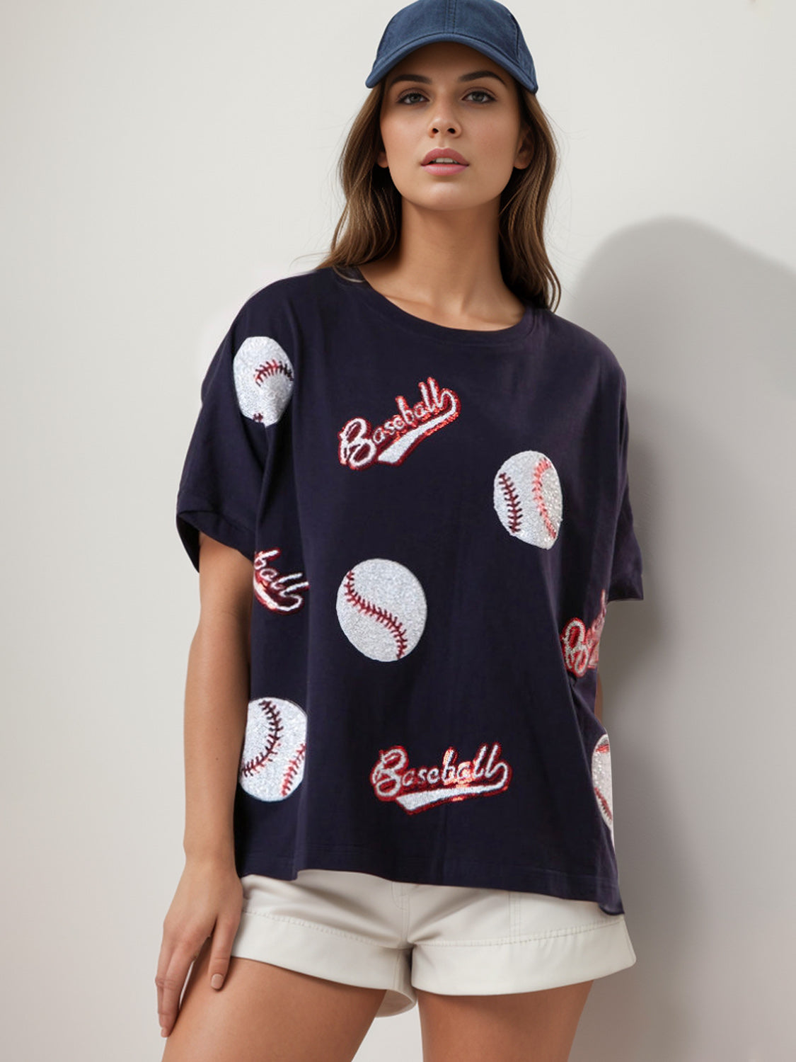Baseball Round Neck Half Sleeve T-Shirt Black