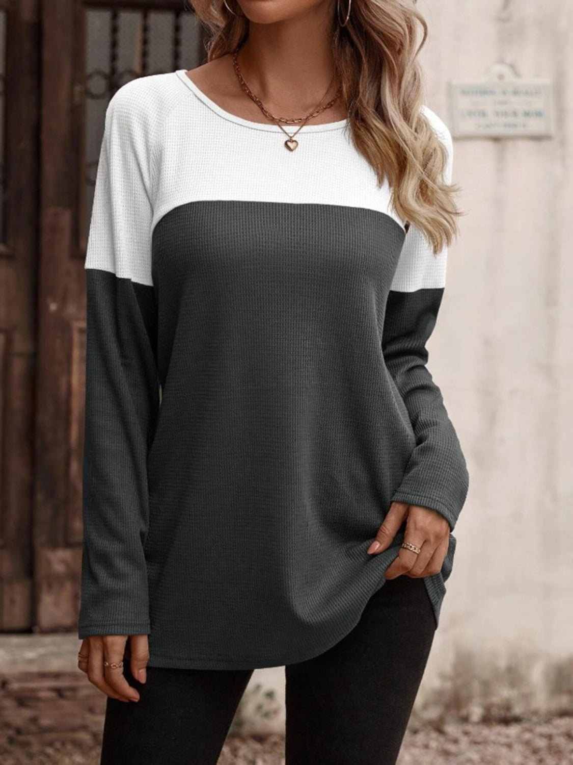 Contrast Round Neck Long Sleeve T-Shirt Heather Gray