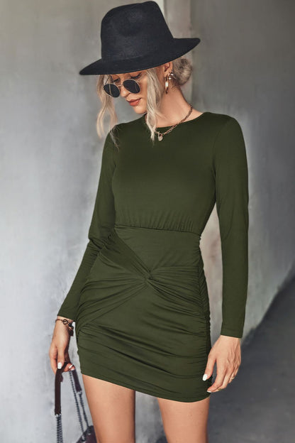 Twist Front Ruched Long Sleeve Mini Dress Army Green