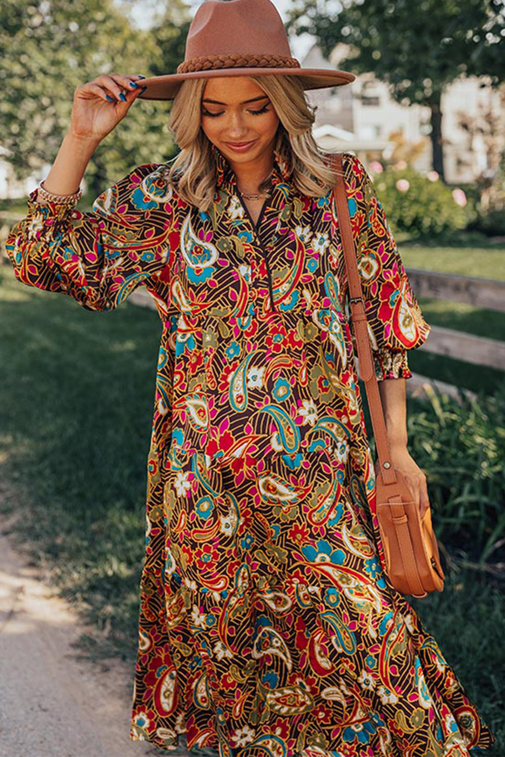 Yellow Paisley Mixed Print Collared 3/4 Sleeve Midi Dress