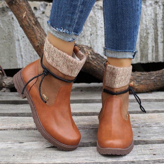 Side Zipper PU Leather Boots Ochre