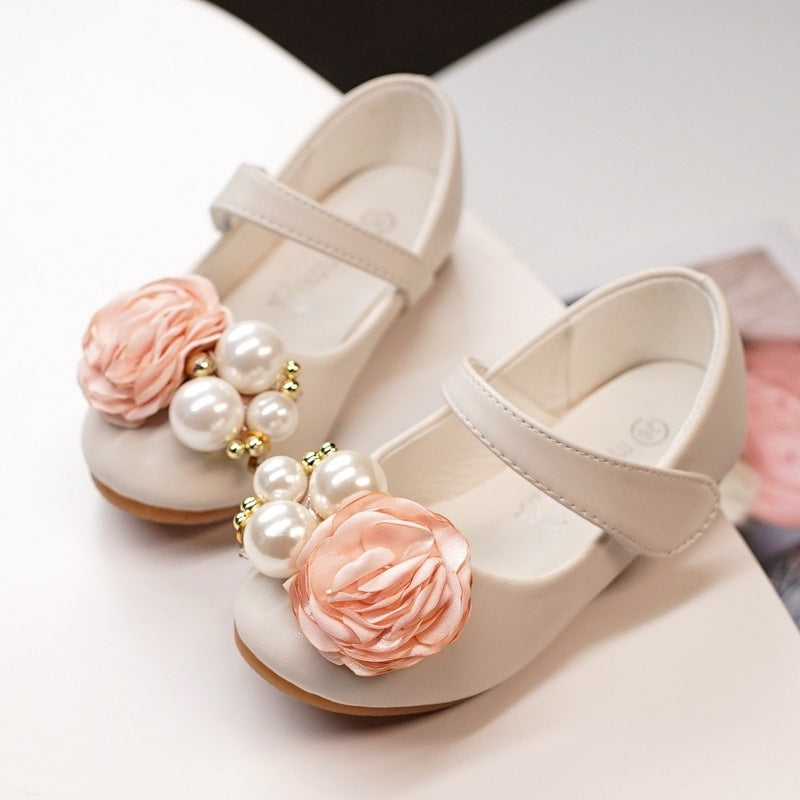 Girls Pearl Bow Show Princess Shoes Beige