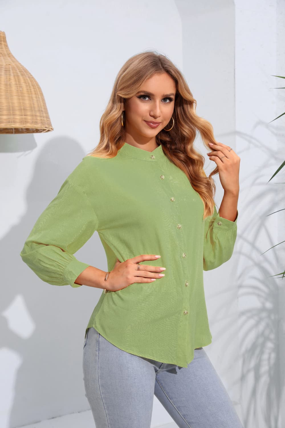 Mock Neck Buttoned Long Sleeve Shirt - Thandynie