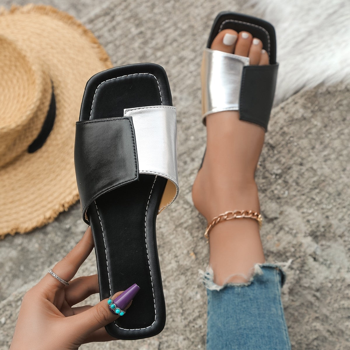 Contrast Open Toe Sandals Black