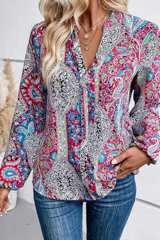 Printed Notched Long Sleeve Shirt Multicolor