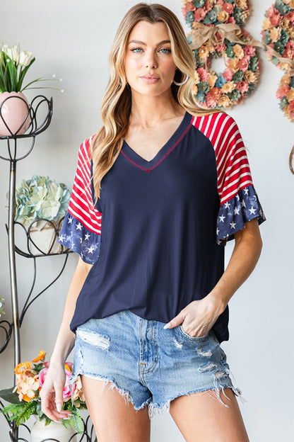 Heimish Full Size V-Neck Flounce Sleeve T-Shirt Navy