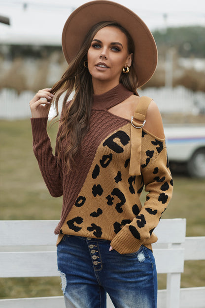 Leopard Block Turtleneck Sweater Brown