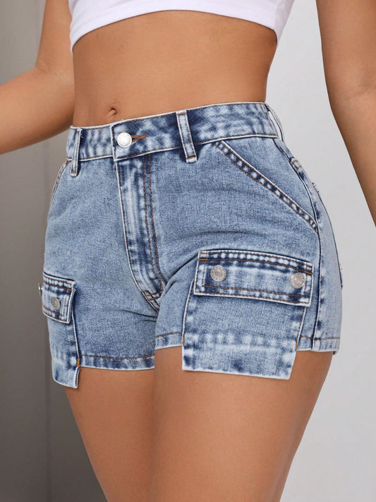 Mid-Rise Waist Denim Shorts with Pockets Light