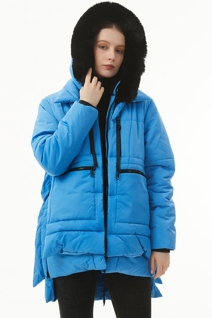 Blue Plush Linen Zip Up Hooded Puffer Coat