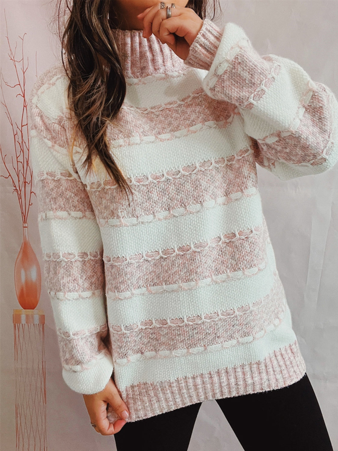 Striped Turtleneck Long Sleeve Sweater – Warm, Stylish Knit for Fall & Winter