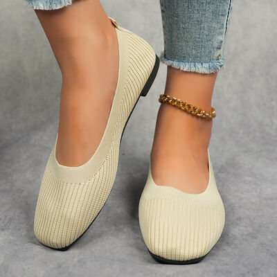 Knitted Square Toe Flat Slip-Ons Beige