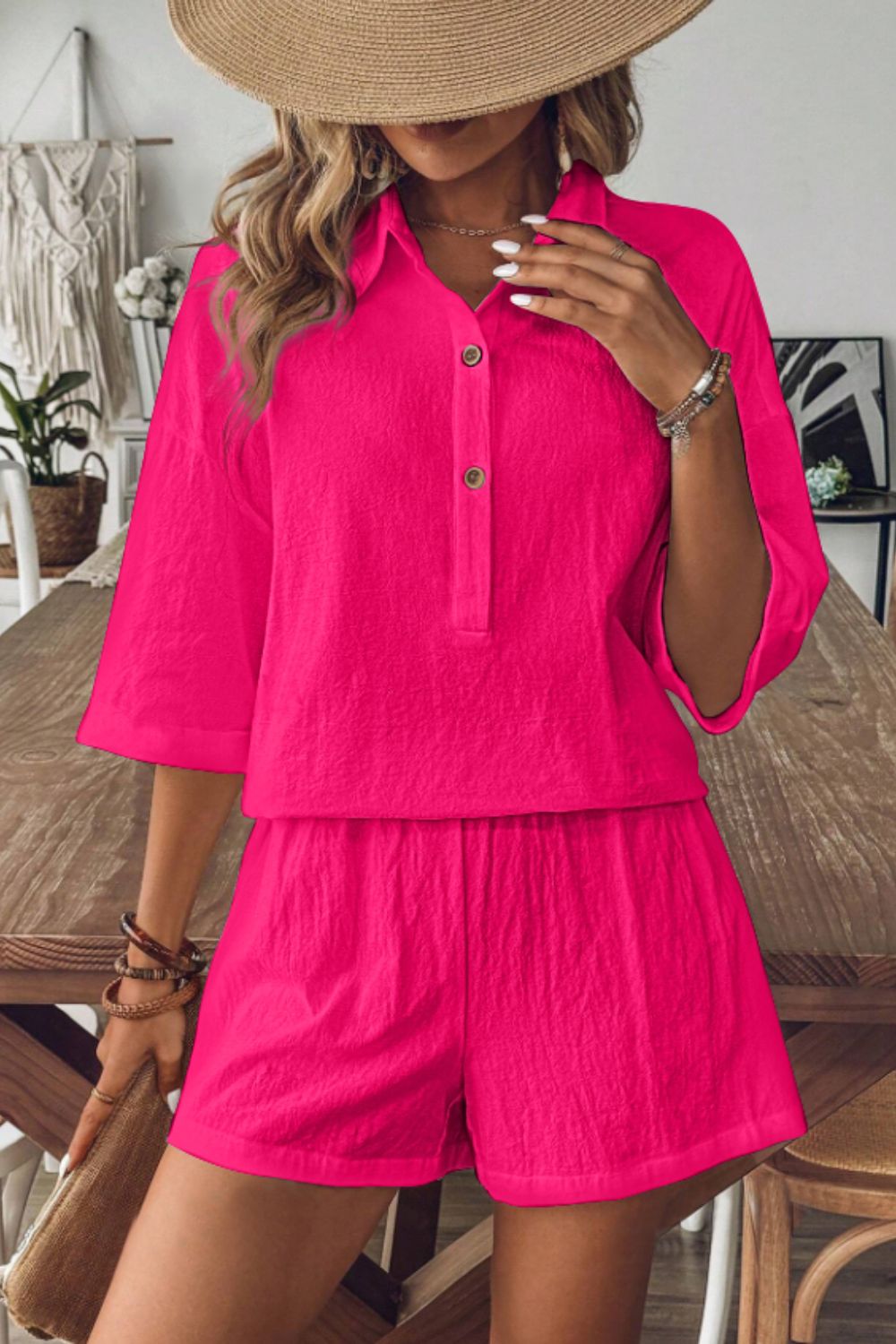 Collared Neck Half Sleeve Top and Shorts Set Hot Pink