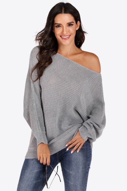 One Shoulder Dolman Sleeve Sweater Light Gray