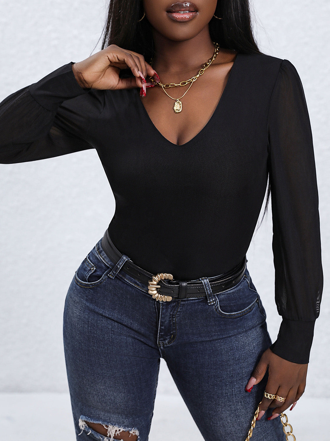 V-Neck Long Sleeve Bodysuit - Thandynie