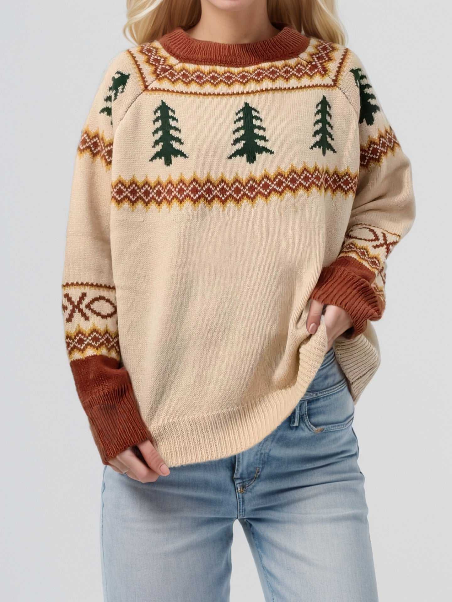 Graphic Round Neck Long Sleeve Sweater Tan One Size