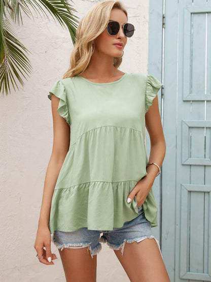 Round Neck Flutter Sleeve Tiered Blouse Light Green