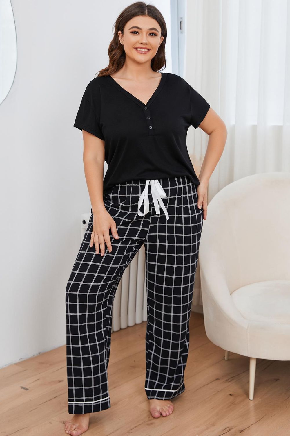 Plus Size V-Neck Top and Plaid Pants Lounge Set Black