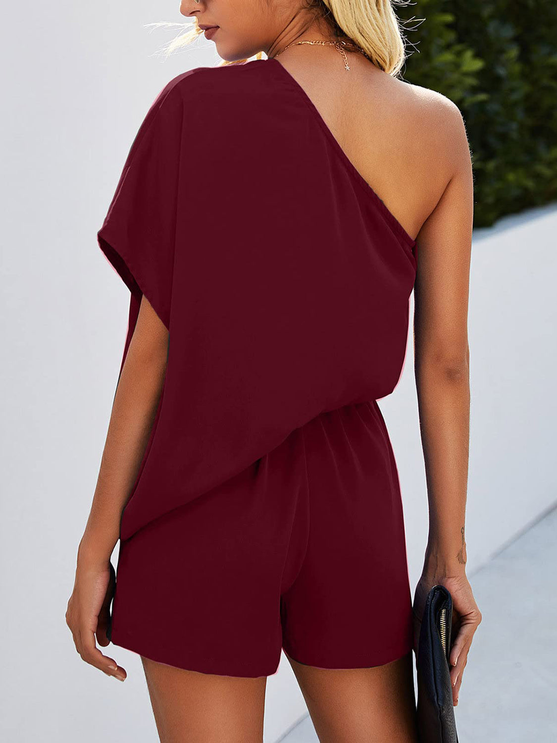 Single Shoulder Batwing Sleeve Romper Burgundy