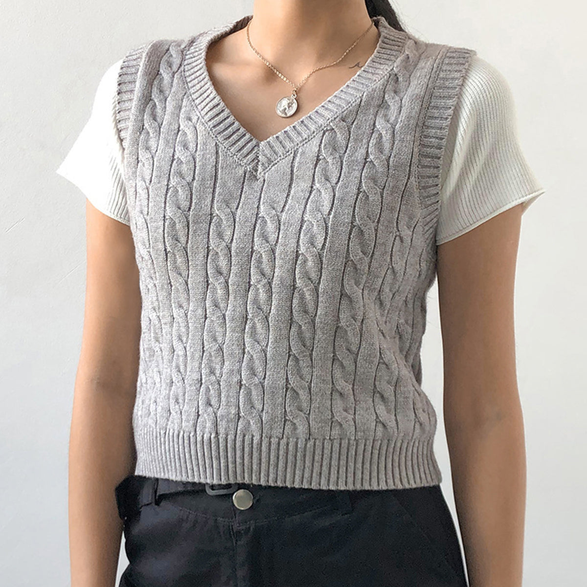 Cable-knit V-Neck Sweater Vest Dark Gray