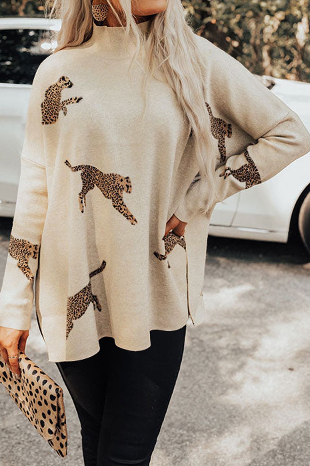 Animal Pattern Mock Neck Long Sleeve Slit Sweater Cream