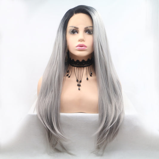 13*3" Lace Front Wigs Synthetic Long Straight 24" 130% Density Black Grey One Size