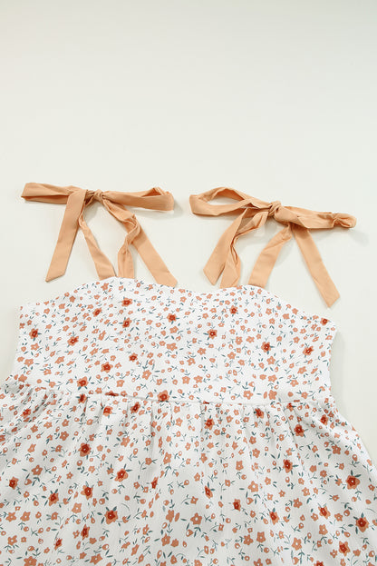 White Tied Shoulder Floral Print Babydoll Tank