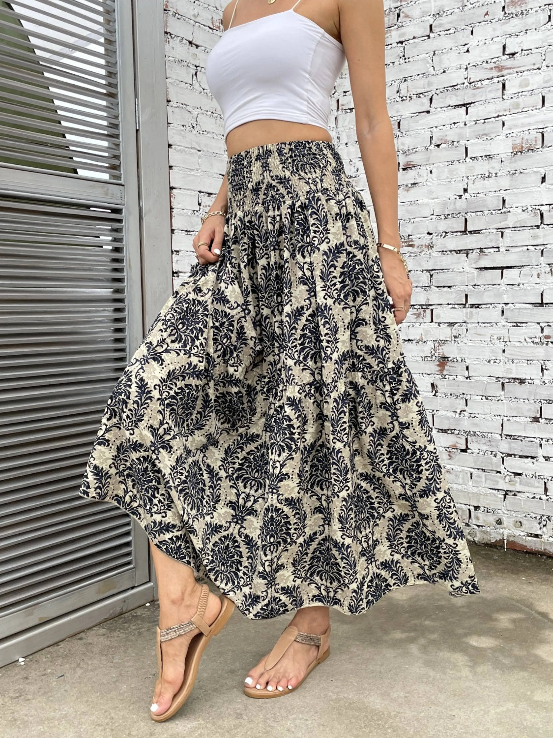 Printed Elastic Waist Maxi Skirt - Thandynie