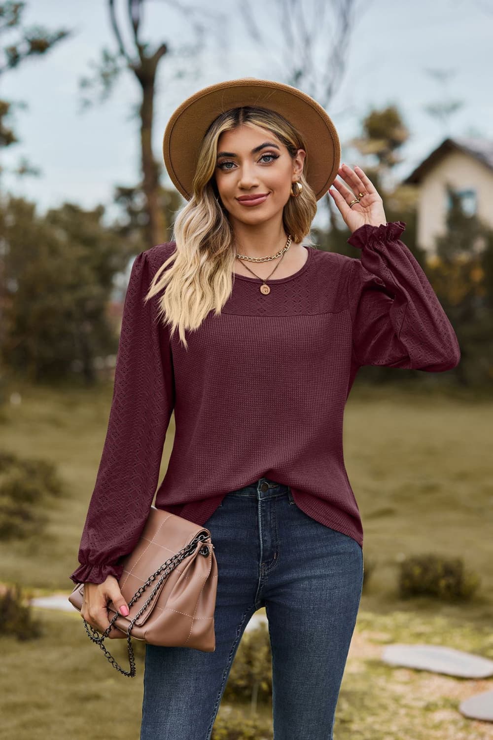 Round Neck Puff Sleeve Blouse Burgundy