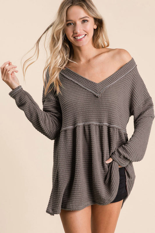 BiBi Waffle Knit V-Neck Babydoll Blouse MOCHA