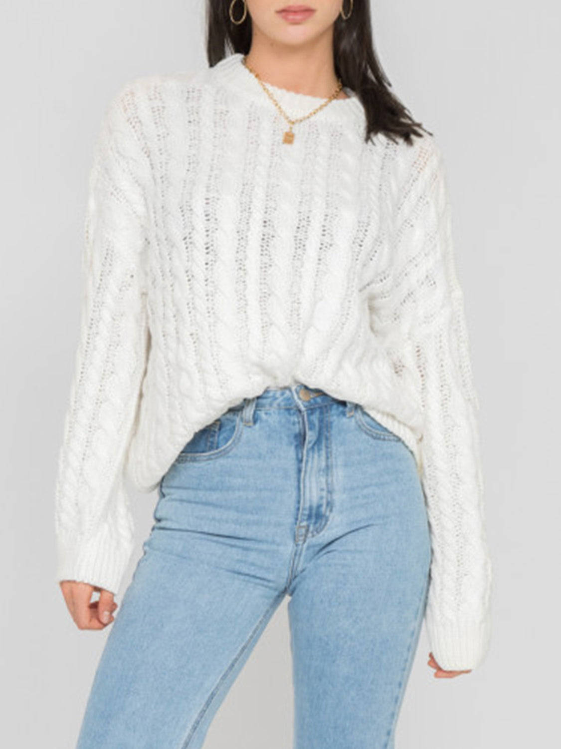 Openwork Round Sleeve Cable-Knit Sweater White