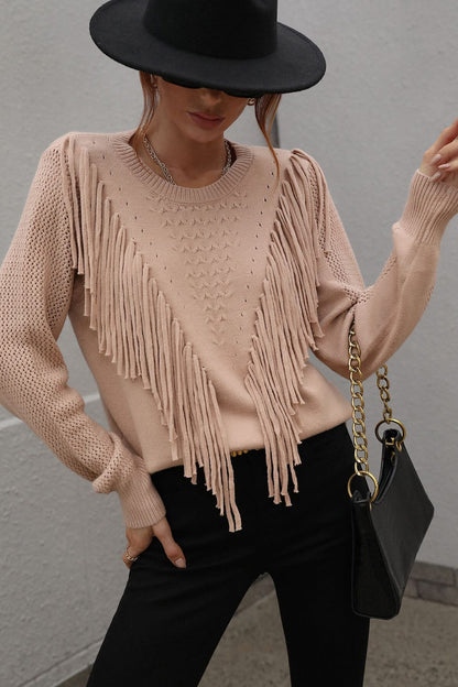 Fringe Detail Ribbed Trim Sweater Peach