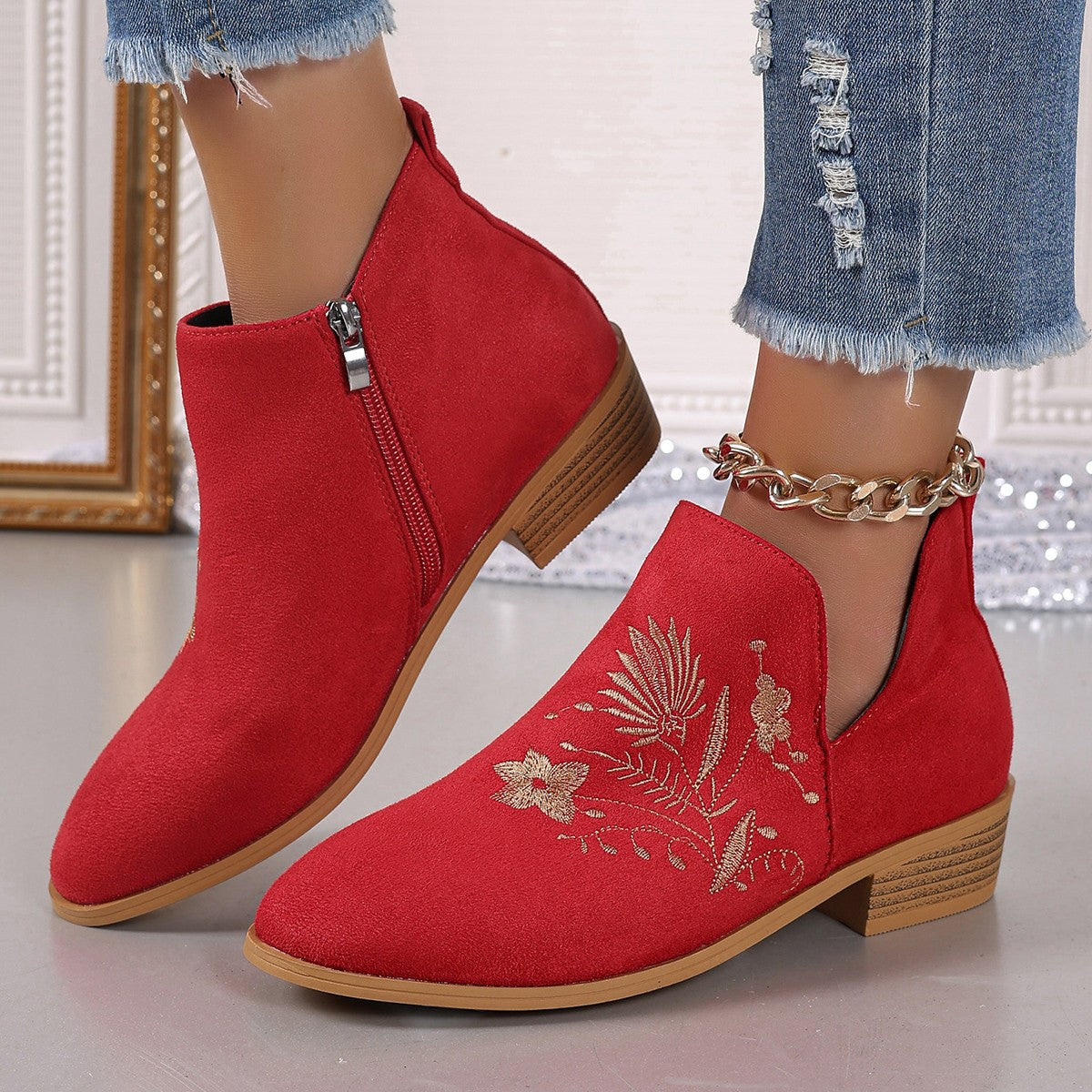 Embroidered Suede Point Toe Block Heel Boots Red