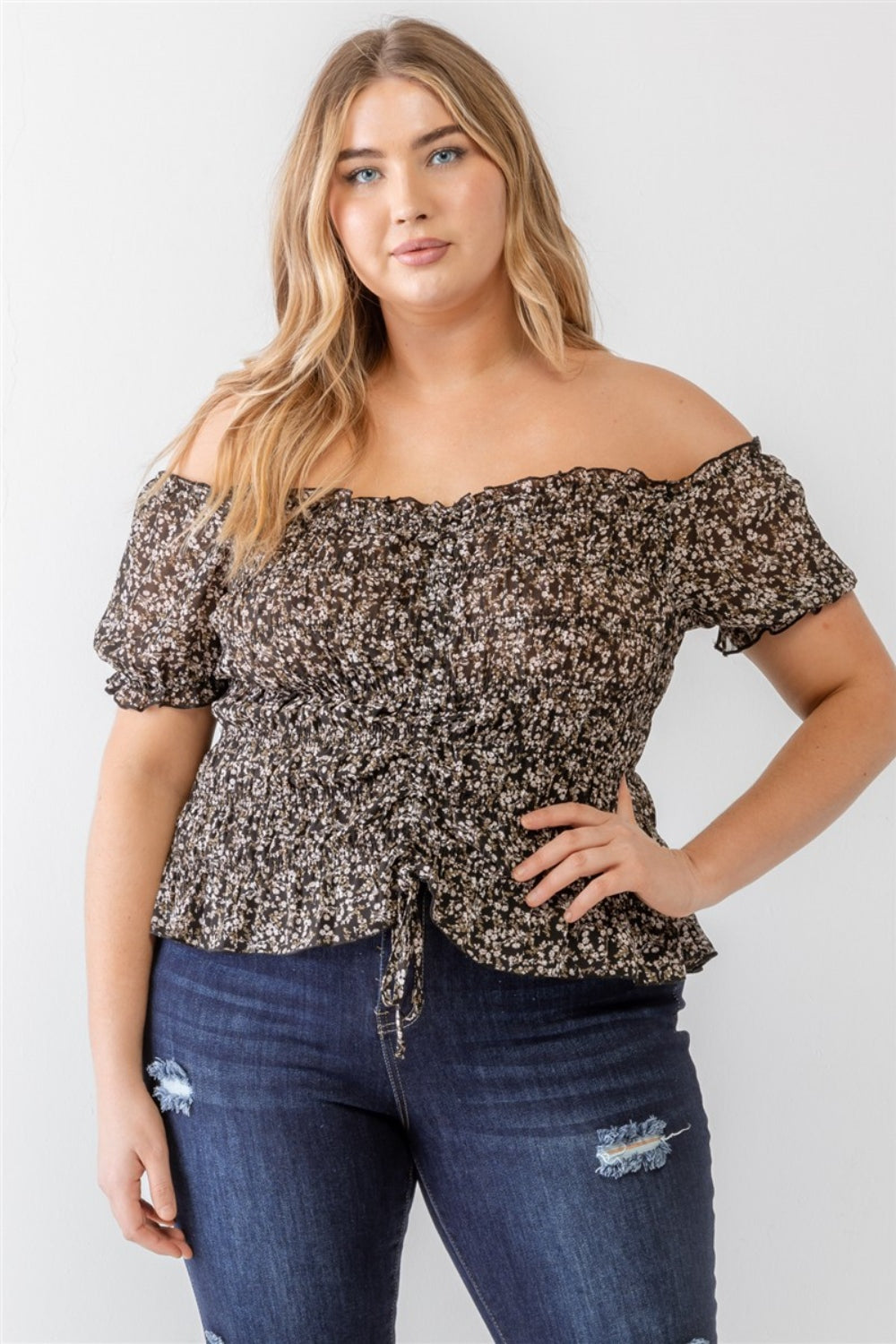 Zenobia Plus Size Frill Ruched Off-Shoulder Short Sleeve Blouse Black