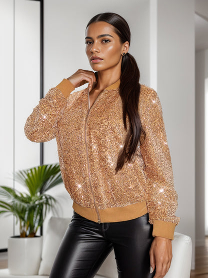 Sequin Zip Up Long Sleeve Jacket Gold