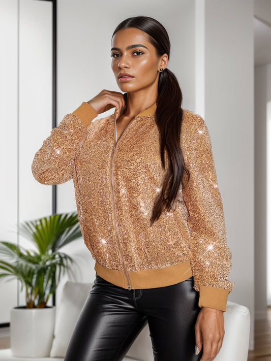 Sequin Zip Up Long Sleeve Jacket - Thandynie