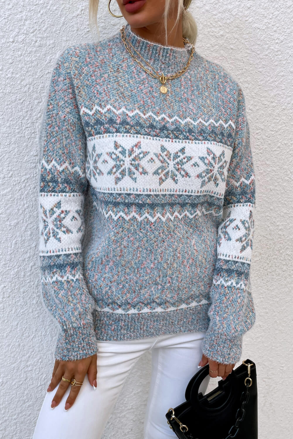 Snowflake Pattern Mock Neck Sweater Cloudy Blue