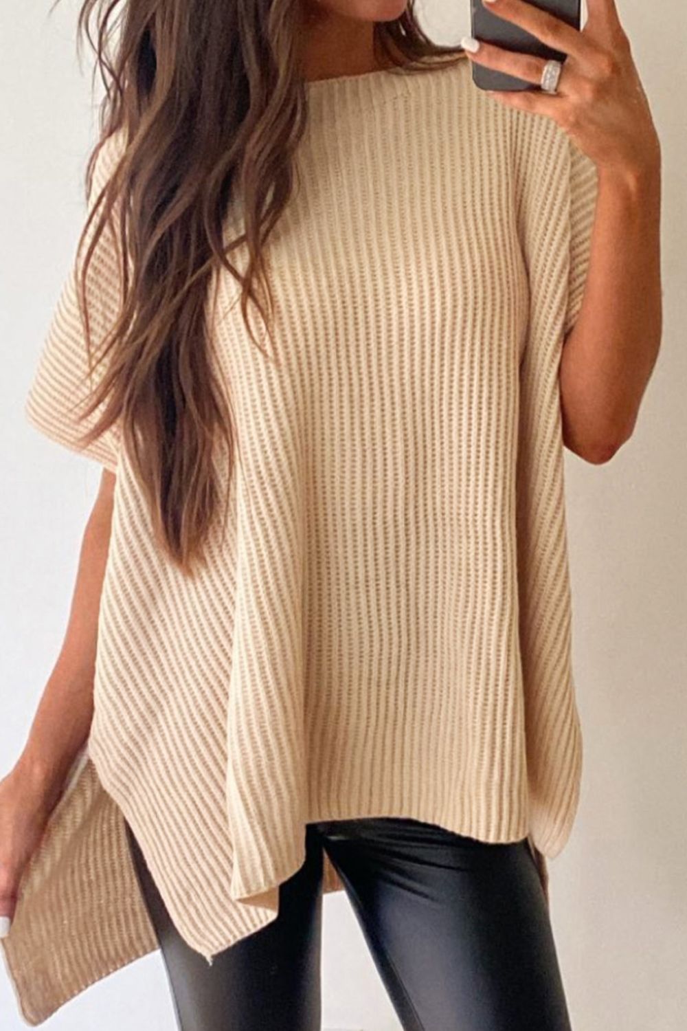 Waffle-Knit Slit Short Sleeve Sweater Beige