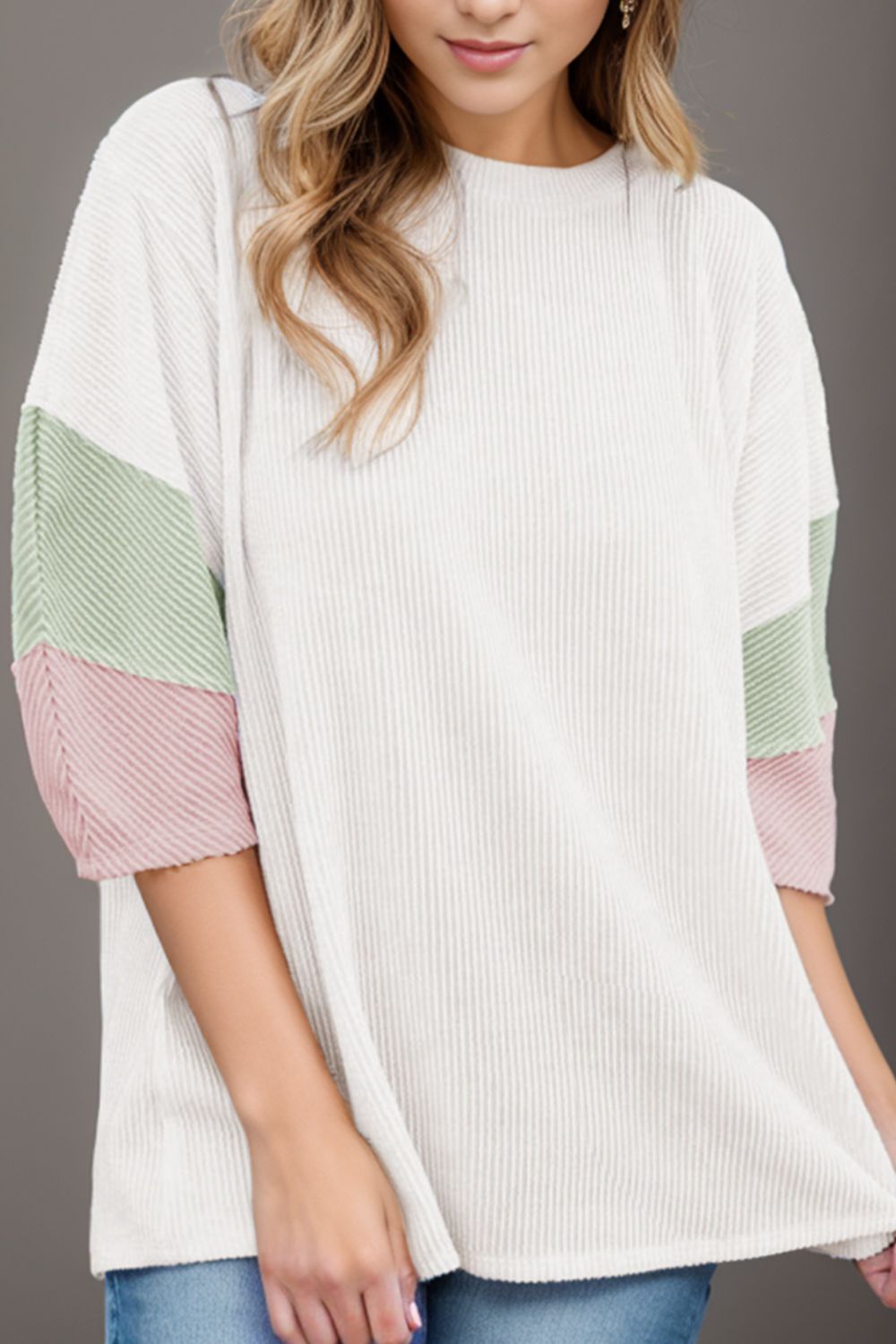 Color Block Round Neck Dropped Shoulder Blouse White