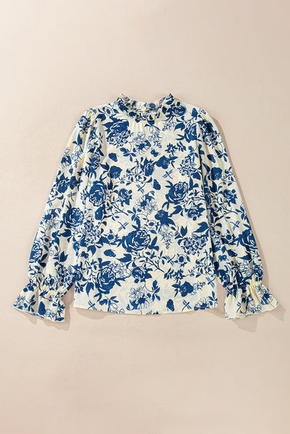 Sky Blue Floral Print Flounce Sleeve Keyhole Back Blouse