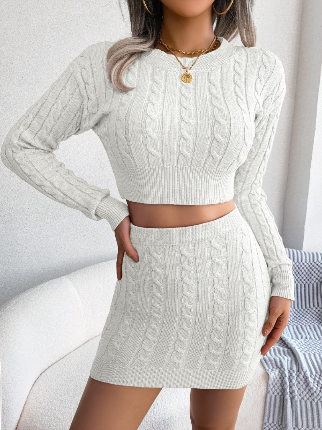 Cable-Knit Round Neck Top and Skirt Sweater Set White