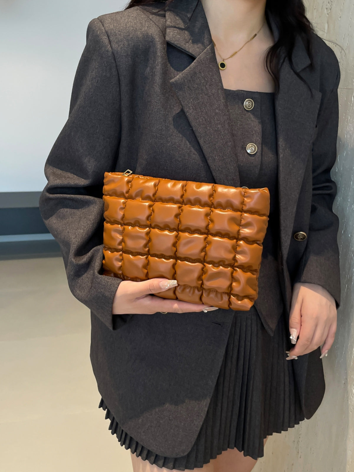 Quilted Plaid Clutch with Zipper Terracotta One Size