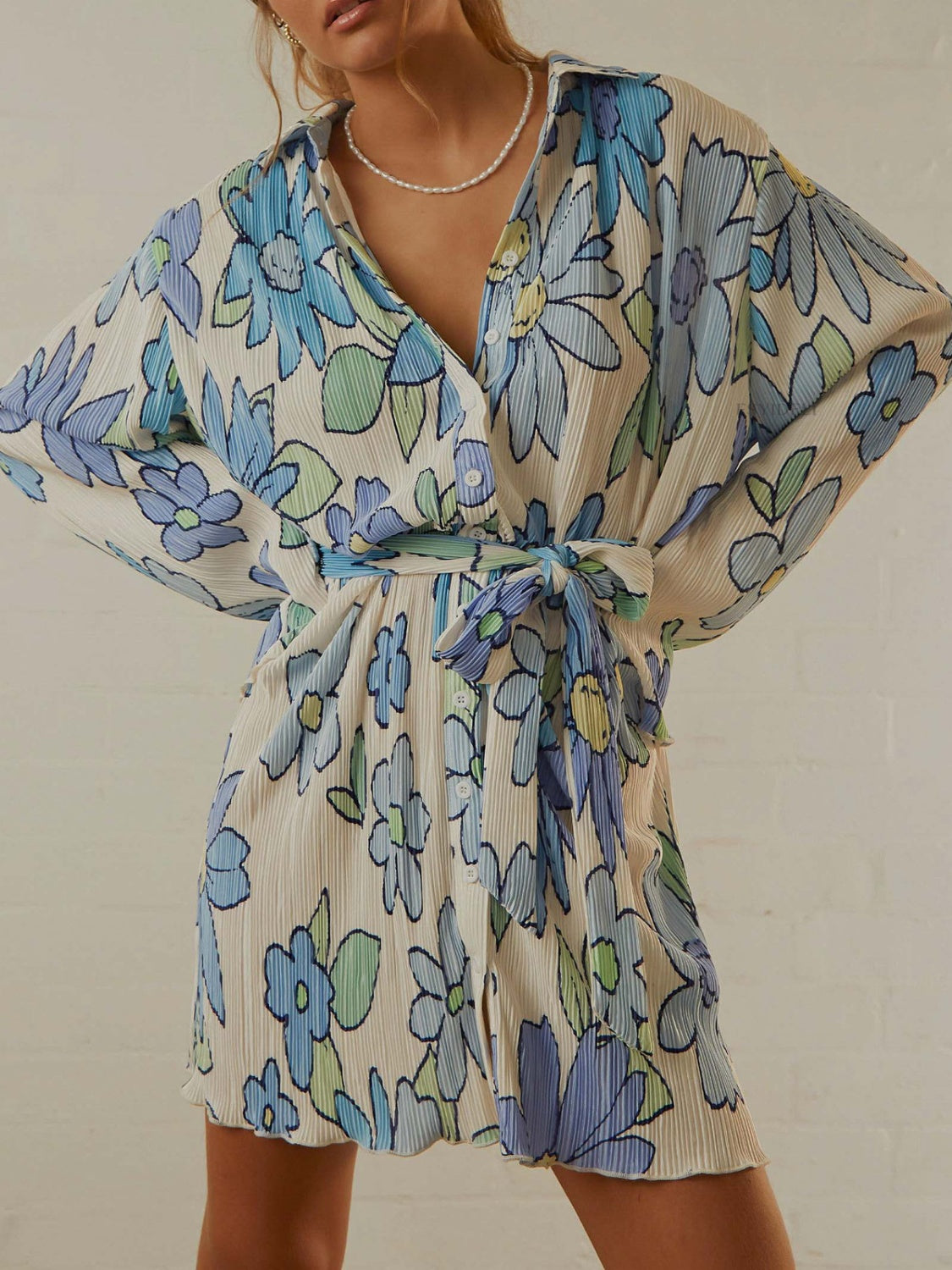 Tied Button Up Long Sleeve Dress Light Blue