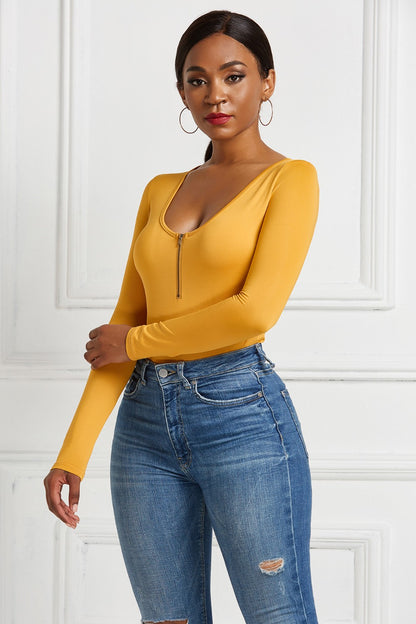 Half Zip Scoop Neck Long Sleeve Bodysuit Gold