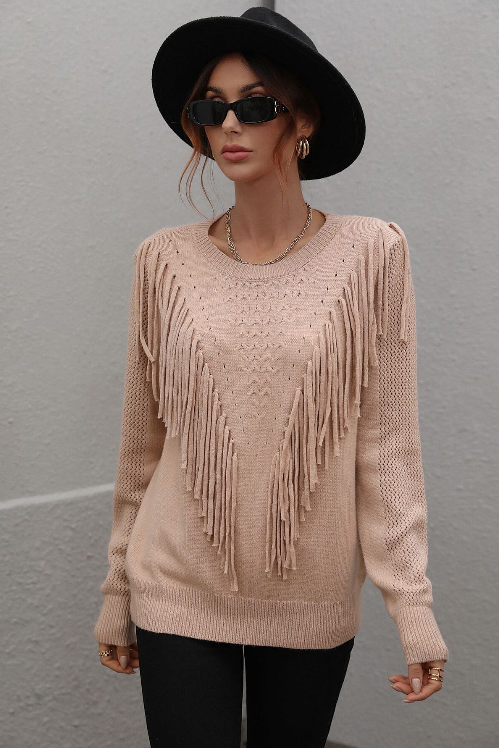 Fringe Detail Ribbed Trim Sweater