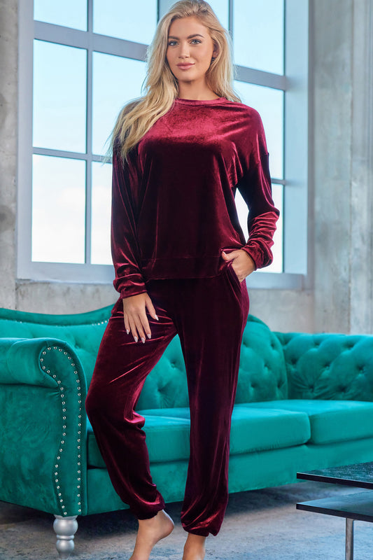 Long Sleeve Top and Pants Lounge Set Wine