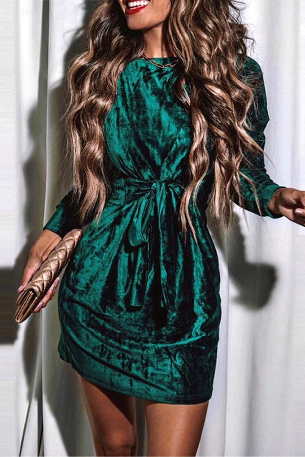 Tied Round Neck Long Sleeve Dress Dark Green