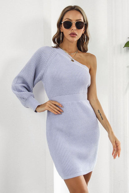 One Shoulder Raglan Sleeve Pencil Sweater Dress Lavender