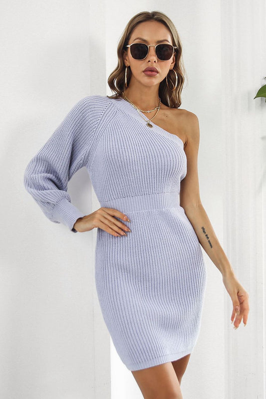 One Shoulder Raglan Sleeve Pencil Sweater Dress Lavender